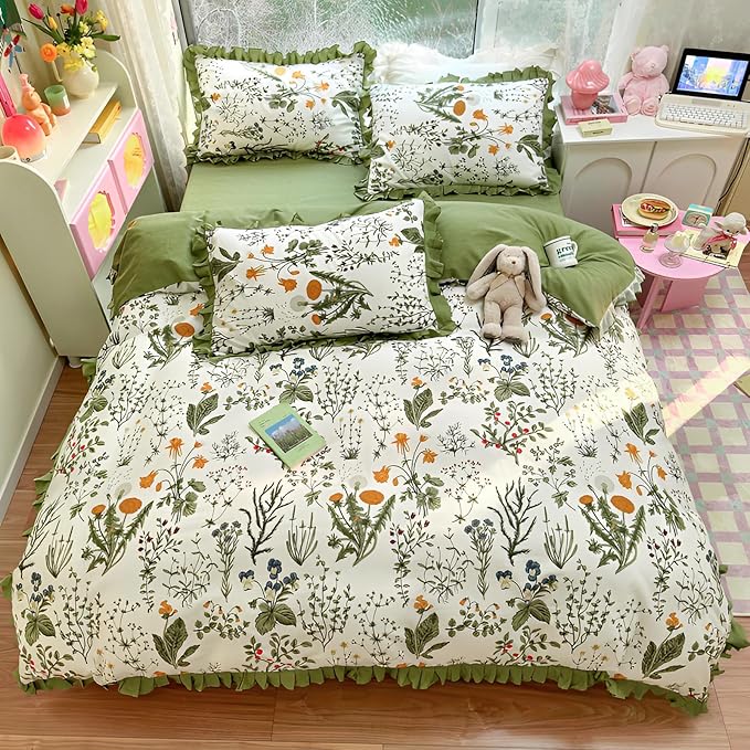 Romantic Floral Ruffle Duvet Cover Full 3 Pieces Botanical Duvet Cover Girls Flower Bedding Set 100% Cotton Vintage Floral Green Lace Bedding Flower Cottagecore Comforter Cover with 2 Pillowcases