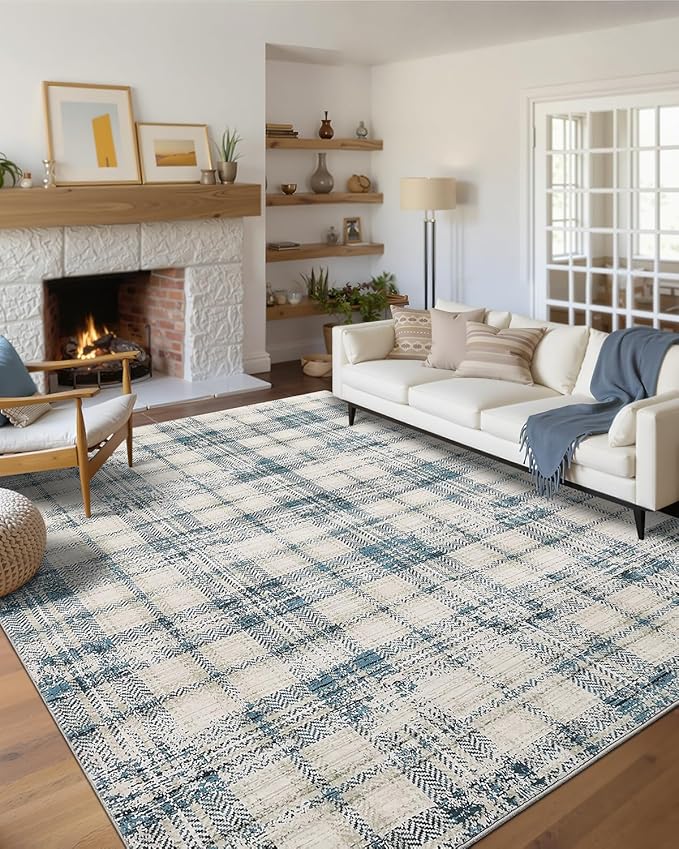 Large Area Rug 10x13 Living Room Rug Washable Modern Plaid Soft Rugs for Bedroom Tartan Non Slip Throw Rugs Stain Resistant Carpet for Dining Room Office Nursery Rug 10'x13' Green/Beige