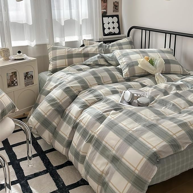 Plaid Queen Comforter Set Geometric Plaid Grid Comforter Set Fluffy Microfiber Bedding Comforter Farmhouse Checkered Comforter Set for All Season 3 Piece Plaid Bedding Comforter Set Queen Size Set