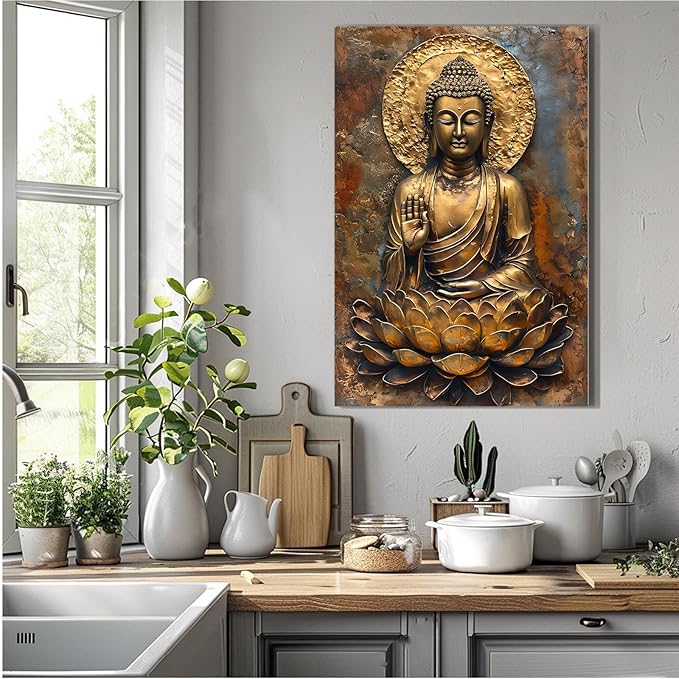 Buddha Wall Art Golden Buddha in Lotus Seat Serene spiritual statue radiant aura Meditation and mindfulness wall art suitable for sacred spaces 8x12in Wood Framed