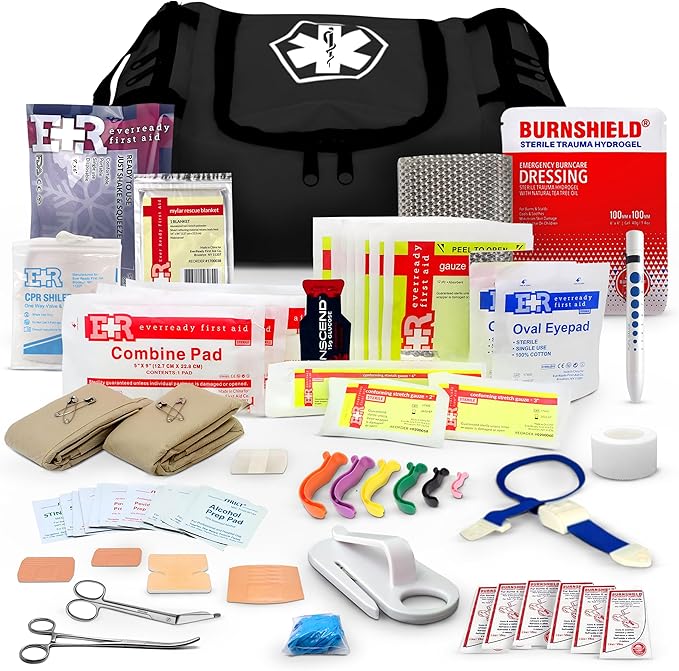 Fully Stocked Trauma First Aid Kit – First Responder II Bag with Tools, Gauze, Bandages, Scissors & Gloves – Compact & Portable – OSHA and ANSI Compliant – Black