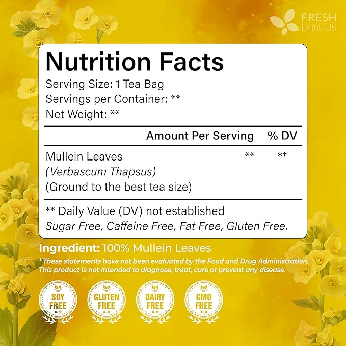 FreshDrinkUS, Premium 40 Mullein Leaf Tea For Lungs, Great Lung Detox For Smokers, Handmade, 100% Natural & Pure, No Sugar, No Caffeine, No Gluten, Vegan