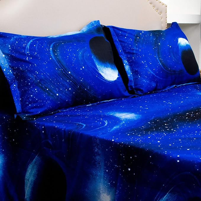 Bedlifes Galaxy Outer Space Sheet Set, Galaxy Themed, 3 pcs Including Flat Sheet, Fitted Sheet, and 1 Pillowcase (Light Blue King)