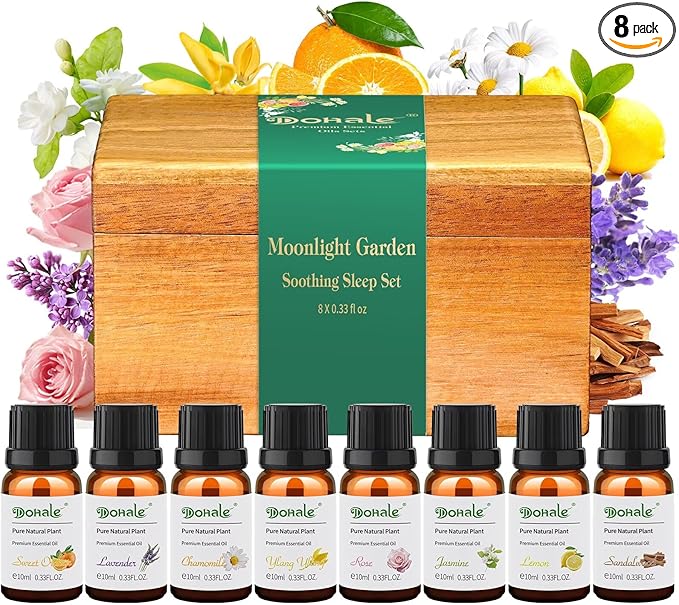 Dohale Essential Oils Set Acacia Wood Gift Box - Stress Relief Relax Soothe, Top 8 Aromatherapy Oils for Diffuser Hotel Scent Home Fragrance Candle Making - Chamomile, Lavender & More 10ml