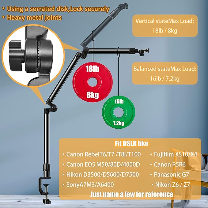 Overhead Camera Mount Desk Stand, Bearing 18lb, Base& Top 360° Adjustable, with 1/4“ 3/8" 5/8" Screw, 3-Section Flexible Articulating Metal Arm for DSLR Camera/Webcam