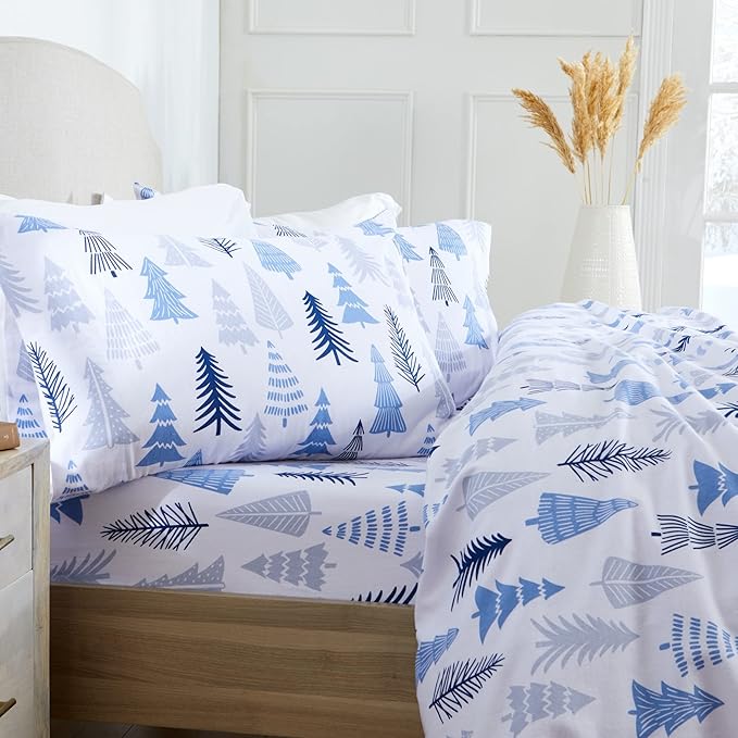 Market & Place 100% Turkish Cotton Flannel Sheet Set | 3 Piece Deep Pocket Novelty Cozy Winter Bed Sheets | Double Brushed for Extra Softness & Comfort | Alpine Collection (Twin, Blue Forest)