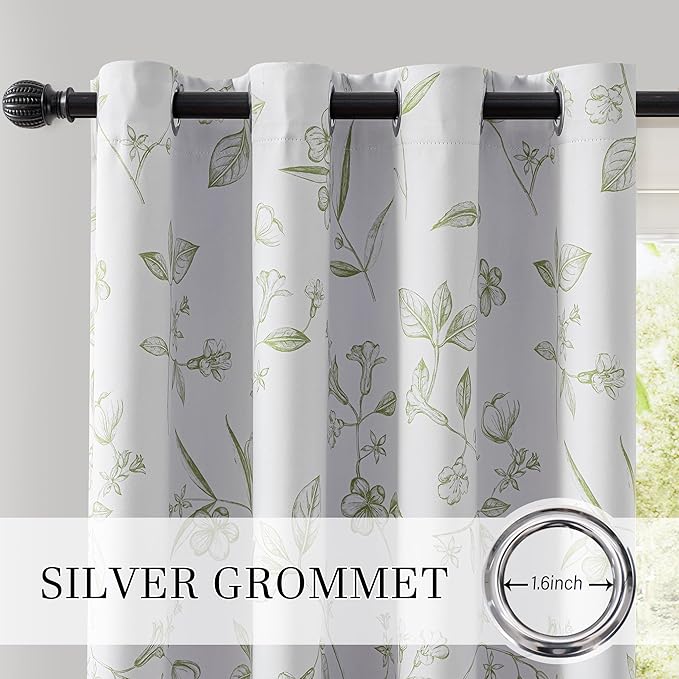 ChrisDowa 100% Blackout Floral Curtains 96 Inches Long 2 Panels for Bedroom Living Room Sage Green Flower Patterned Room Darkening Thermal Insulated Soundproof Grommet Window Treatments Drapes,52X96