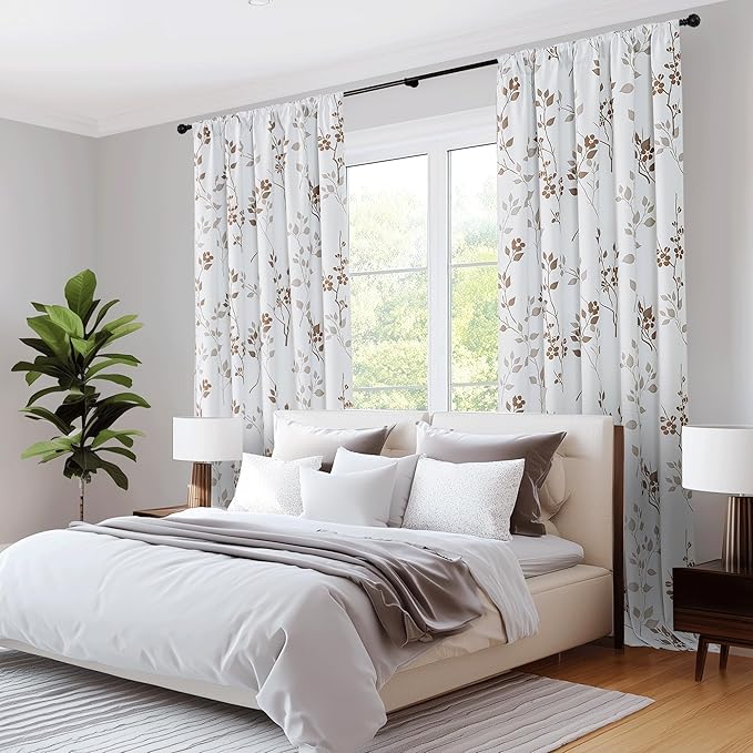 Beauoop Floral 100% Blackout Curtains 63 Inch Length 2 Panels for Bedroom Living Room Tan Brown and White Flower Patterned Room Darkening Thermal Soundproof Rod Pocket Back Tab Window Drapes, 52X63
