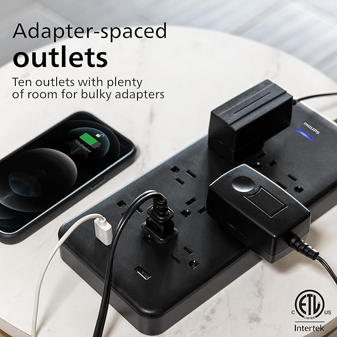 Philips EZFit 10-Outlet Surge Protector Power Strip, 6 Ft Braided Extension Cord, 2 USB Ports, Widely Spaced Outlets, Flat Plug, for Home Office Dorm Essentials, 2880 Joules, Black, SPP3403B/37
