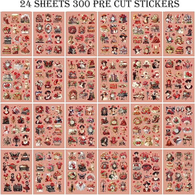 Auguro Vintage Ephemera Sticker 24 Sheets precut 300 washi Stickers Paper Journal Stickers for Adults People Scrapbook Stickers Scrapbooking Supplies