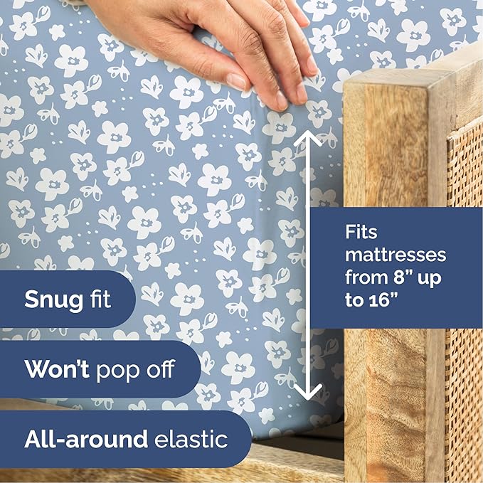 Floral Sheets - Blue Floral Bed Sheet Set - 1 Flat, 1 Fitted & 1 Pillowcase w/ Deep Pockets - Comfy, Wrinkle & Fade Free - Boho Botanical Bedding - Ultra-Soft, Breathable and Cooling - Twin Size Set
