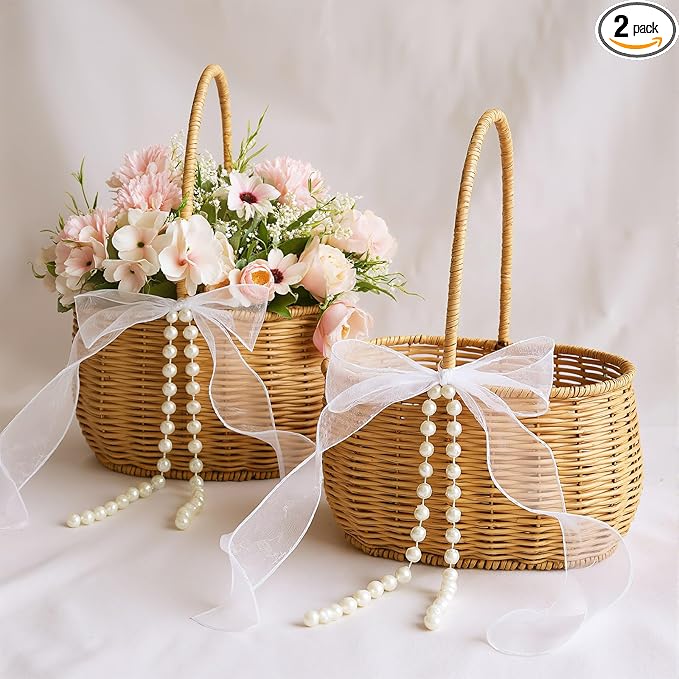 2 Pcs Wicker Rattan Flower Girl Basket with Bows and Pearl 11.8x8.7x5.1 Inches Rustic Wedding Basket for Flower Girl, Hand Woven Willow Storage for Ceremonies Home Decoration (Classic)