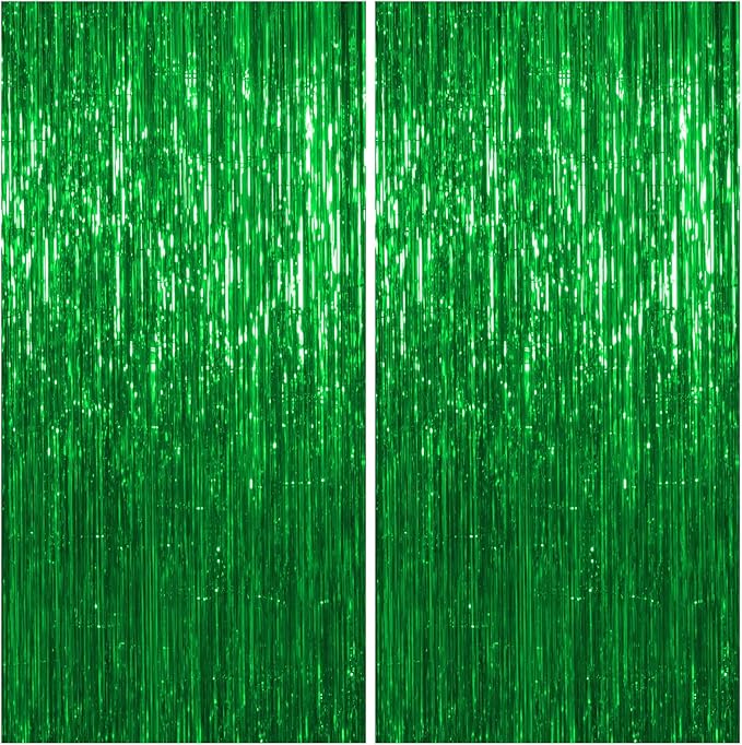Thicken Green Streamers 2 Pack 3.2 x 8.2 FT, Green Birthday Decrorations Tinsel Backdrop Curtains, Foil Fringe Photo Backdrop for Dinosaur, Football, Christmas, Jungle, Golf Party Decorations