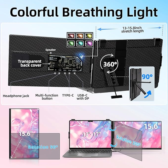 BKVOO Laptop Screen Extender Dual Monitor - 15.6" Portable Monitor Detachable IPS 1080P FHD 85% NTSC Travel Screen USB-C HDMI Port Compatible with Wins Mac Chrome Dex Fits 13-17" Laptops