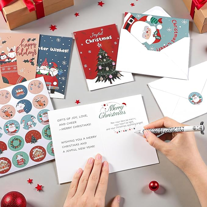 Thboxes 40 Pack Christmas Cards with Envelopes, 4x6 Inch Merry Christmas Cards, Funny Holiday Card with Envelopes & Stickers, 10 Assorted Designs Greeting Card for Xmas