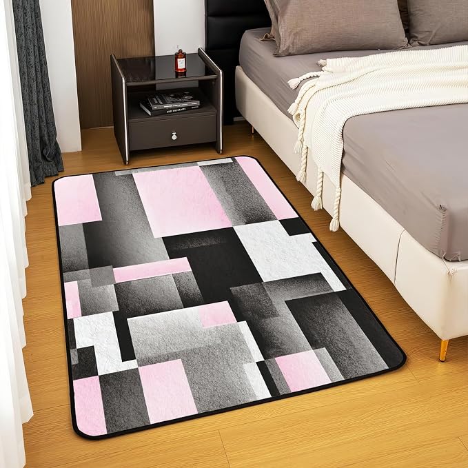 Abstract Pink Black Color Block Area Rug, Non Slip Living Room Rugs, Breathable Durable Carpet for Indoor Bedroom Conference Room Office Decor Rug - 6 ft x 9 ft