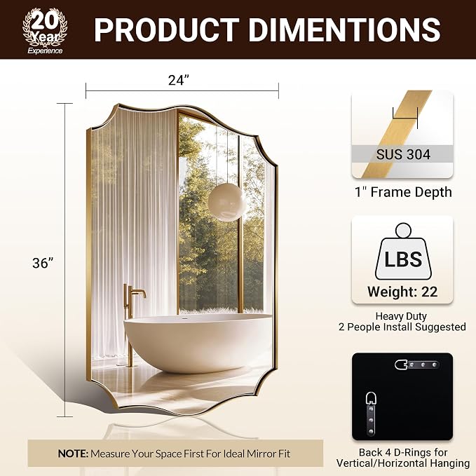 ANDY STAR Bathroom Vanity Mirror, 24x36 Irregular Wall Mirror, Gold Antique Mirror for Bathroom, Asymmetrical Mirror in Anti-Rust Stainless Steel Metal Frame, Wall Mount Horizontal or Vertical