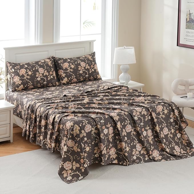 Zusbest Dark Brown Floral Bed Sheets Set - Queen Size Percale Cotton Shabby Rustic Peony Flower Print Bed Sheets - Soft Breathable Mocha Classic Vintage Bedding 4 Pcs Deep Pocket Flower Bed Sheets