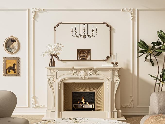 TETOTE Vintage Antique Gold Rectangle Mirror for Mantle Fireplace 48 x 32 Traditional Baroque Ornate Scroll Wall Mirror with Metal Frame for Living Room Bedroom, Horizontal/Vertical