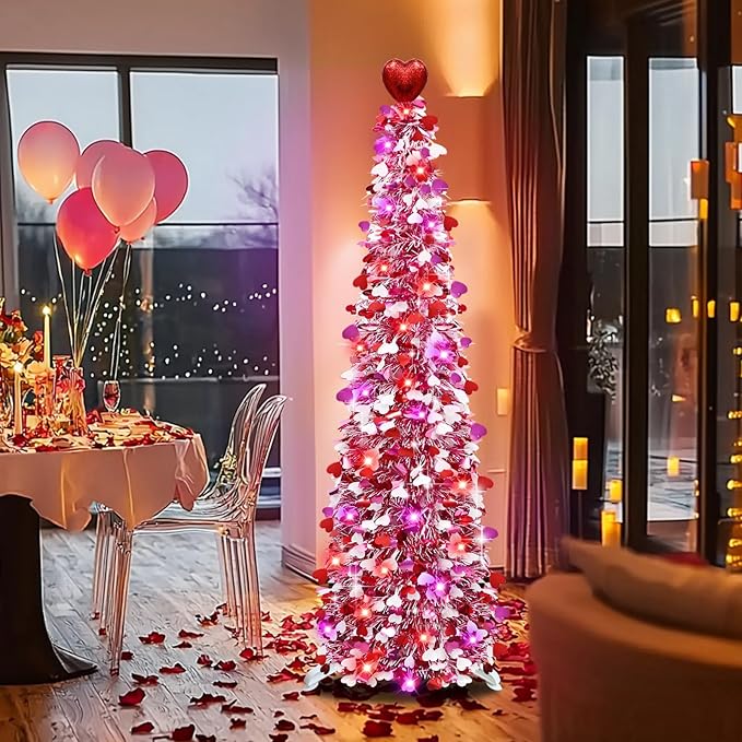 Valentines Day Decorations 5 Ft Valentine's Day Tree with Timer 50 Red & Pink Lights 3 Color Sequin Heart Ornaments Heart Topper Battery Operated Tinsel Pop Up Christmas Tree Home Party Indoor Decor