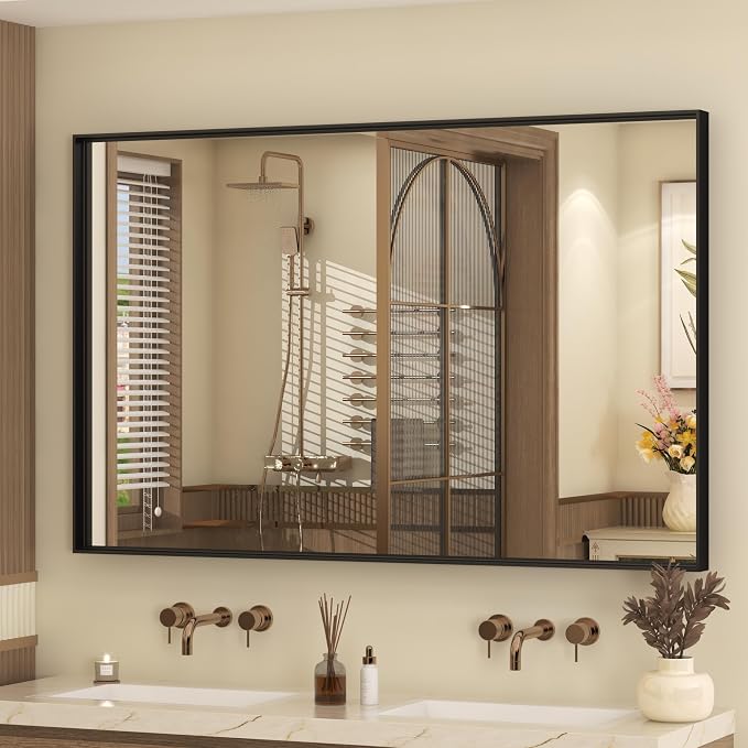 48x30 Inch Black Metal Framed Bathroom Mirror for Wall, Black Matte Rectangle Bathroom Vanity Mirror, Square Corner, Anti-Rust, Tempered Glass, Hangs Horizontally or Vertically