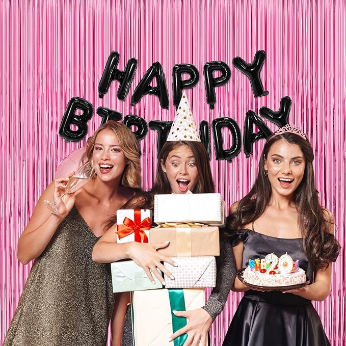 Thicken Pink Streamers 4 Pack 3.2 x 8.2 FT, Pink Birthday Decorations for Girls, Tinsel Backdrop Curtains, Foil Fringe Photo Backdrop for Bachelorette, Graduation, Baby Shower Party Decorations