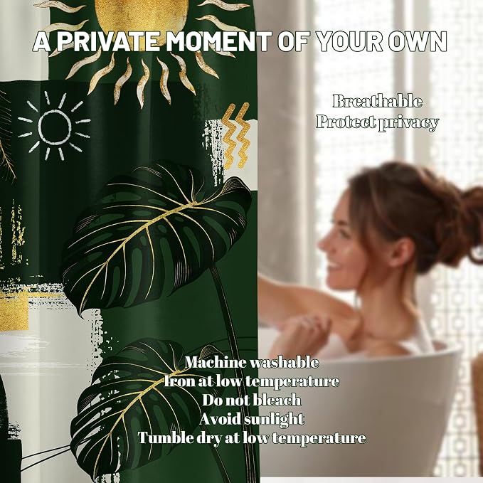 Extra Long Shower Curtain Extra Tall Green and Gold XL Abstract Tropical Leaf Shower Curtains for Large Bathroom Decor Sets, Waterproof Cloth Fabric with Hooks, 108x72 Inch