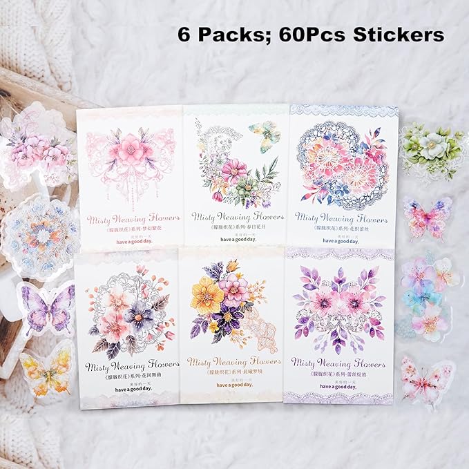 AuriicLeaf Floral PET Sticker Set, 60PCS Transparent Butterfly, Lace, and Flower Stickers for Scrapbooking, Journaling, Planners and DIY Crafts