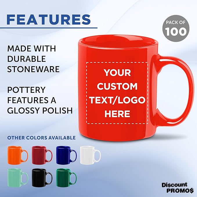 Custom Ceramic Coffee Mugs 11 oz. Set of 100, Personalized Bulk Pack - Coffee cup set, Iced coffee cup, Gaming mug - Red