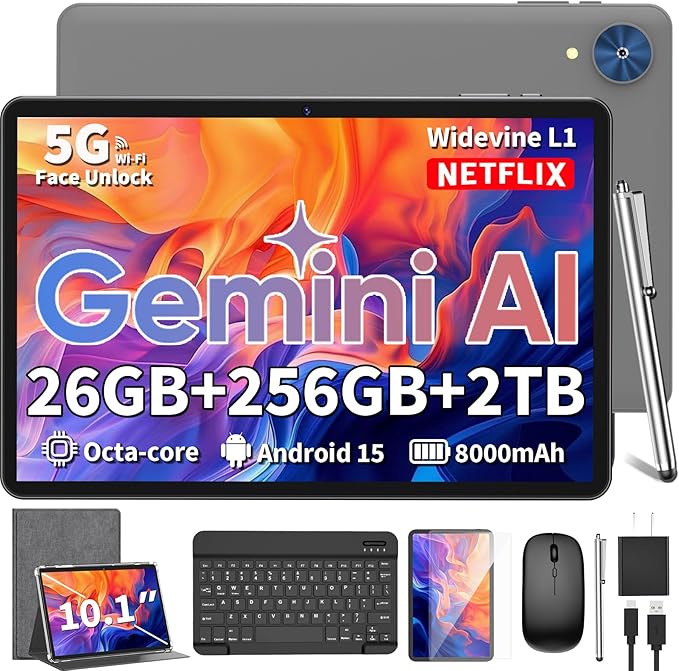 Relndoo Android Tablet, 10.1 inch Android 15 Tablet with Keyboard, 24GB+256GB+2TB Expandable, 2 in 1 Tablets with Keyboard Case Mouse Stylus, Gemini AI, 8-core, 8000mAh, 5G WiFi, GMS,GPS (Silver)