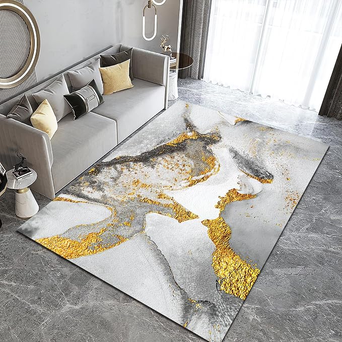 Light Luxury Gray Gold Marble Area Rug, Modern Marble Non Slip Accent Rug, Machine Washable Durable Carpet for Indoor Bedroom Living Room Office Decor Rug - 4 ft x 6 ft