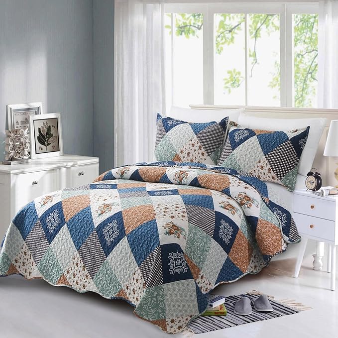 Dinjoy Reversible Patchwork Quilt Bedding Set Queen Size Blue Green Grey Plaid Floral Pattern Bedspread Set Soft Microfiber Coverlets Bed Set 3 Pieces Fall Autumn All Season Use