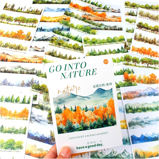 20 Sheets Nature Landscape Pre-Cut Journaling Stickers Book for Junk Journaling, Scrapbooking, Collage, Planner, Album, Transparent PET and Washi Stickers for Adults