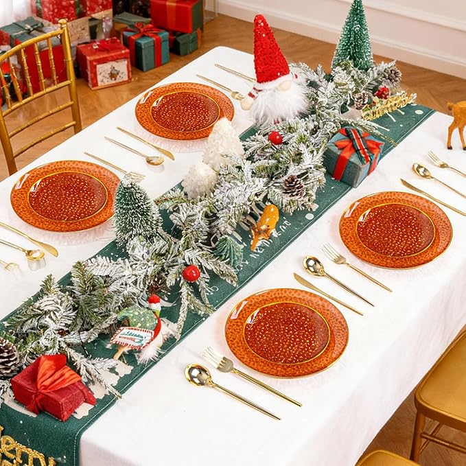 Rubtlamp 60Pcs Amber Plastic Plates - Brown Disposable Plates With Gold Rim, Clear Heavy-duty Party Plates, Hammered Plates Include 30 Dessert Platos, 30 Dinner Platos for Thanksgiving, Christmas