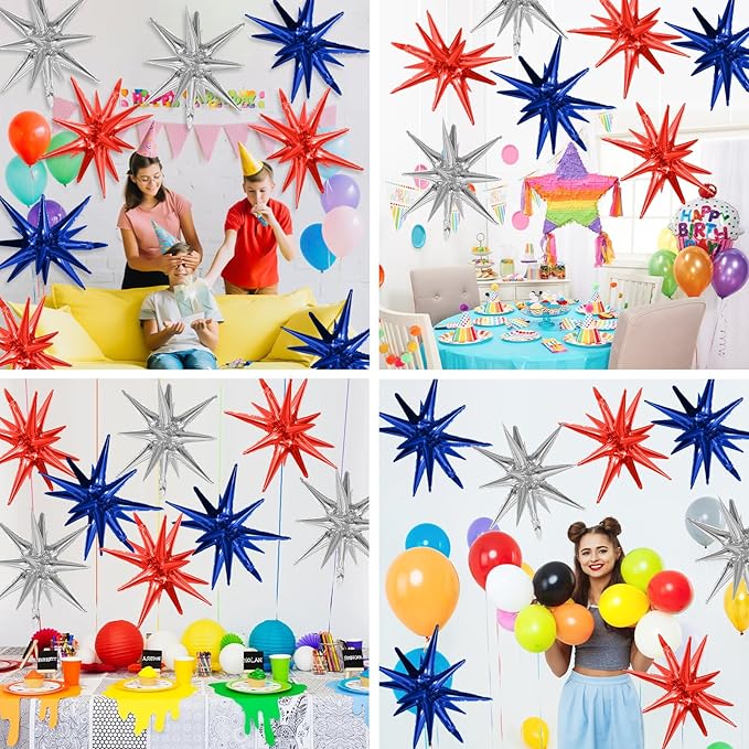 Red Blue Silver Star Balloons,9Pcs 22Inch Blue Red Silver Explosion Spike Cone Helium Star Foil Balloons for 4th of July Independence Birthday Anniversary Usa Patriotic Party Decorations
