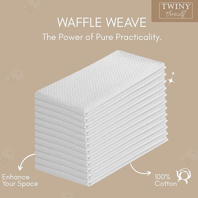 TWINY threads Kitchen Towels Set of 12, 100% Soft Cotton Waffle Weave Dish Towels, Tea Towels with Hanging Loop, Resuable Bar Towels for Table Cleaning, Dinning, Parties- 16"X 26" - White