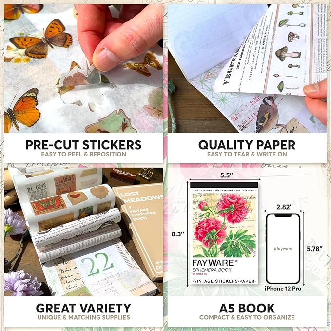 FAYWARE Vintage Washi Stickers for Journaling - Ephemera Book for Journaling with 414 Stickers & 20 Scrapbook Papers. Junk Journal Supplies, Scrapbooking Supplies