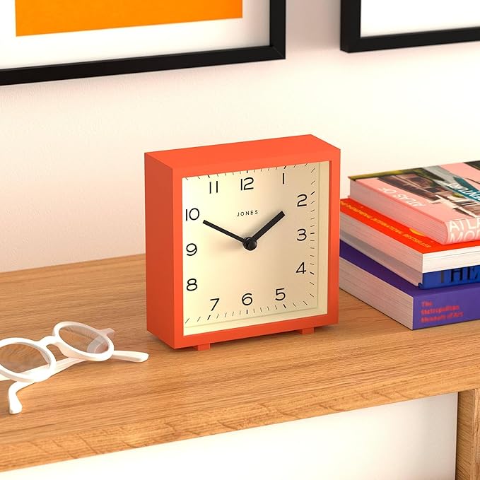 JONES CLOCKS® Disco Desk Clock | Sleek Square Design | Orange | Stylish and Easy to Read for Shelf, Table, Mantel or Bedside