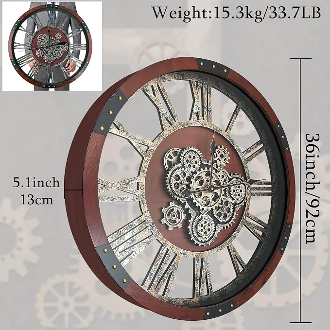 36 Inch Moving Gear Wall Clock, Oversized Wall Clocks, Clock Living Room Decor, Solid Wood Frame, Battery Operated, Large Wall Clock with Industrial for Fireplace(Black Walnut)