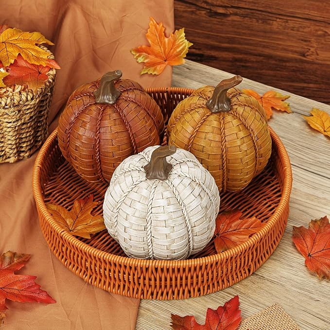 6 Inch Large Artificial Pumpkins, 3 Pcs Fall Pumpkin Decor Beige Orange Clay Brown Faux Resin Pumpkins Woven Pumpkin Centerpiece for Rustic Farmhouse Fall Thanksgiving Autumn Harvest Table Decor