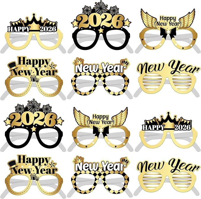 KatchOn, Happy New Years Glasses 2026 - Pack of 12 | New Year Photo Booth Props | New Year Party Glasses, Happy New Years Decorations 2026 | NYE Sunglasses, New Years Eve Party Supplies 2026