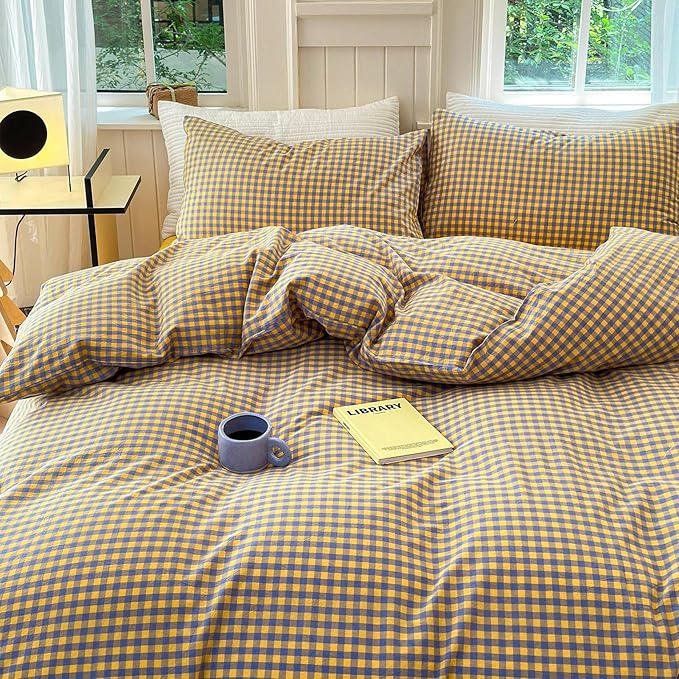 LifeTB Gingham Comforter Set Full Modern Style Purple Yellow Grid Plaid Comforter Set Soft Fluffy Checkered Pattern Comforter with 2 Pillowcases Farmhouse Gingham Grid Bedding Comforter Breathable