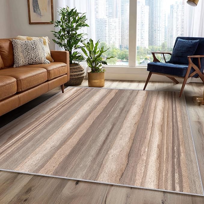 Natural Stripe Rustic Area Rug, Beige Brown Pattern Carpet, Washable Non Slip Low Pile Soft Thin, Living Room Bedroom Dining Room Home Decor Mat 6x8ft