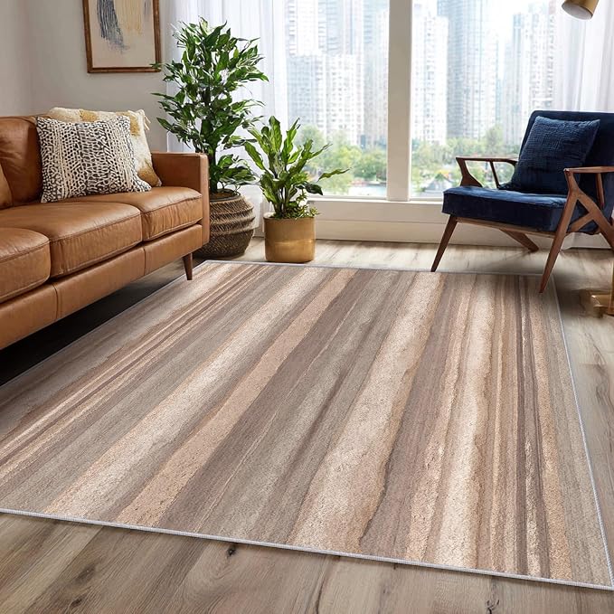 Natural Stripe Rustic Area Rug, Beige Brown Pattern Carpet, Washable Non Slip Low Pile Soft Thin, Living Room Bedroom Dining Room Home Decor Mat 4x5ft