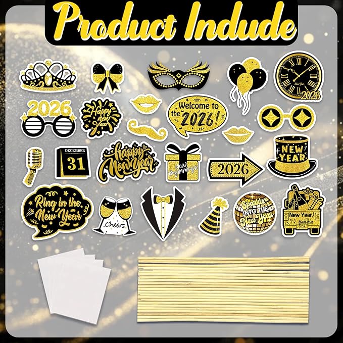 2026 Happy New Years Photo Booth Props, Black Gold New Years Eve Photo Props for 2026 New Year Eve Party Favor Supplies Decorations (24Pcs)