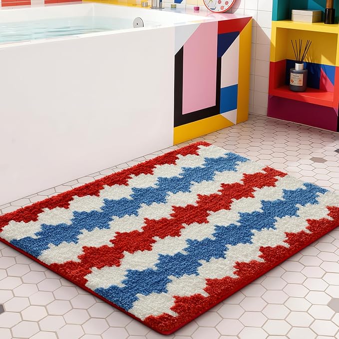 LUMI Bathroom Rugs with Wave, Soft Absorbent Bath Mat for Modern Home Decor, Non-Slip Quick-Dry Bath Rug, Machine Washable Floor Mat for Shower and Tub, Entryway, 16"x24", Azure Wave