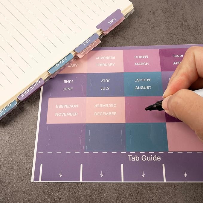 Lumintutu Laminated Planner Monthly Stickers,40 Adhesive Plan Tabs Accessories for Notebooks (2 Sets 12 Month Tabs and 16 Blank Tabs), Calendar Monthly Divider Set (Purple & Pink)
