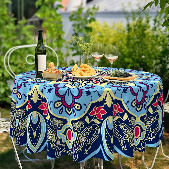 Eikione Round Tablecloth, Boho Tablecloth Waterproof and Wrinkle-Free, Boho Table Covers, Summer Decorations for Home 60inch