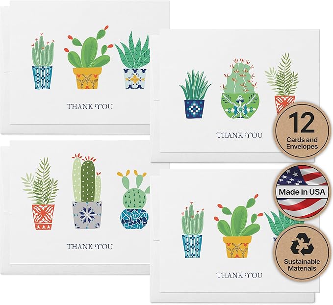 Twigs Paper Thank You Card Set - 12 Assorted Greeting Cards For All Occasions - Thank You Cards with Envelopes - Appreciation Cards - Eco Friendly - Made In USA - 5.5 x 4.25 Inch Size - Cactus Themed
