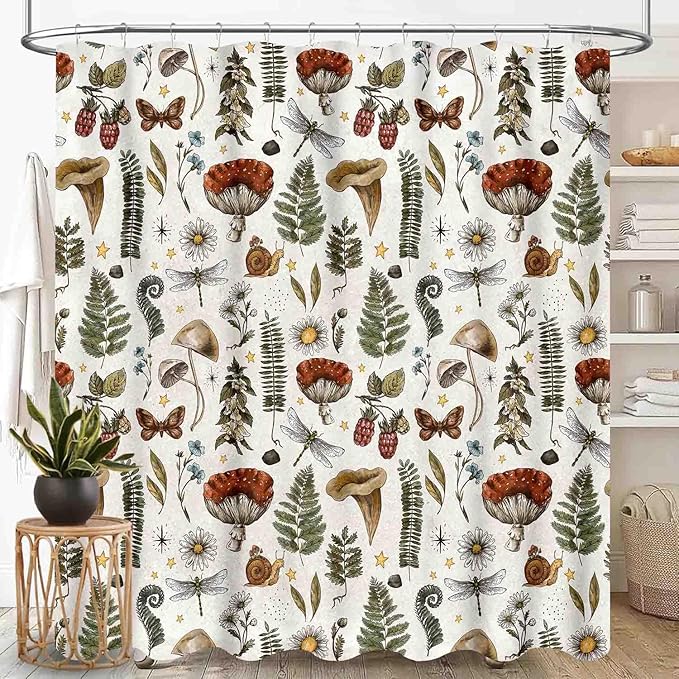 Mushroom Shower Curtain for Bathroom, Farmhouse Country Wild Floral Daisy Botanical Mushroom Cottagecore Nature Plants Herbs Retro Waterproof Fabric Shower Curtain Set with Hooks, 72"x78" Inch